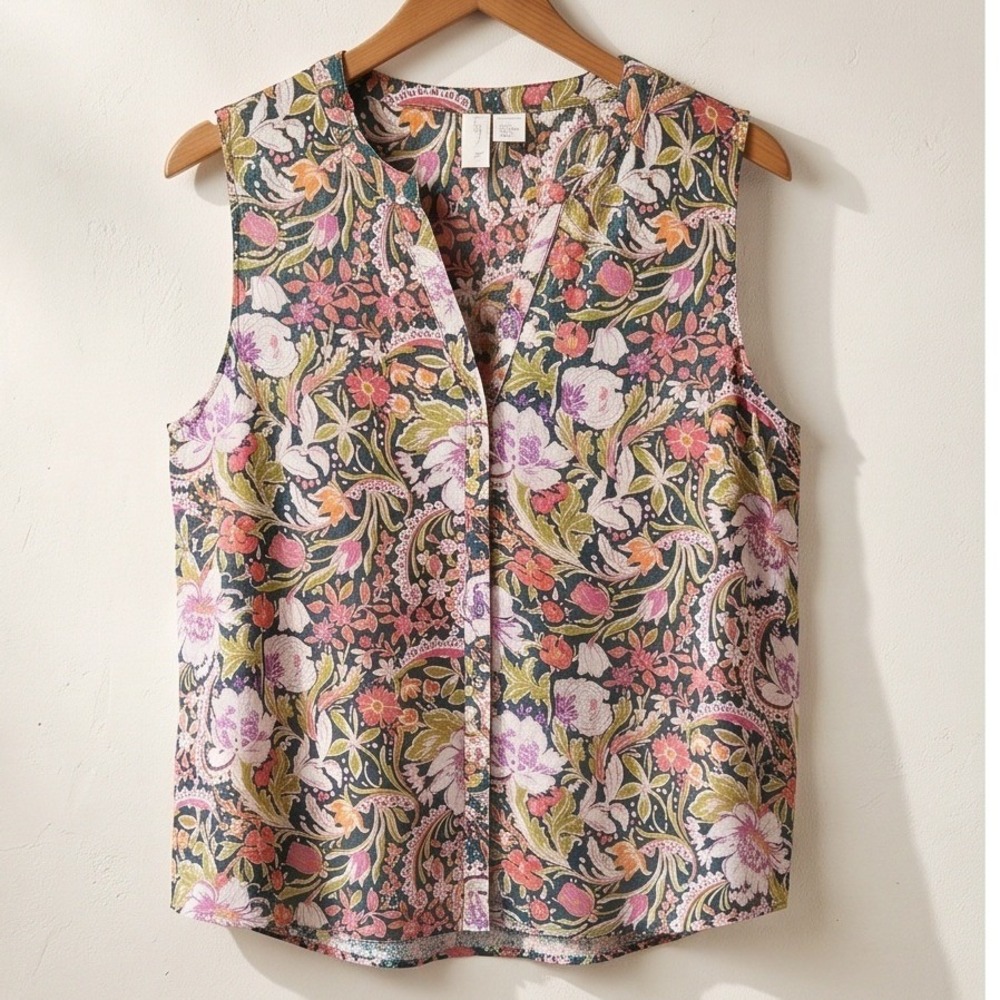 Joie Floral Sleeveless Button-Front Top in Green, Pink & Cream